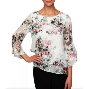Alex Evenings Blouse Top Brocade Floral Layered Ruffle 3/4 Slv Cocktail Size L